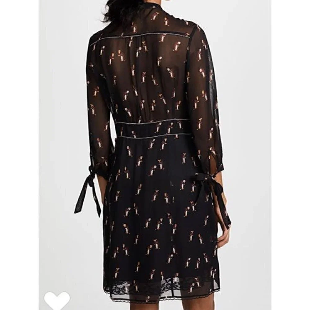 New Coach 1941 Penguin Print Tie Neck Knee Length Black Dress NWT Size 6 US